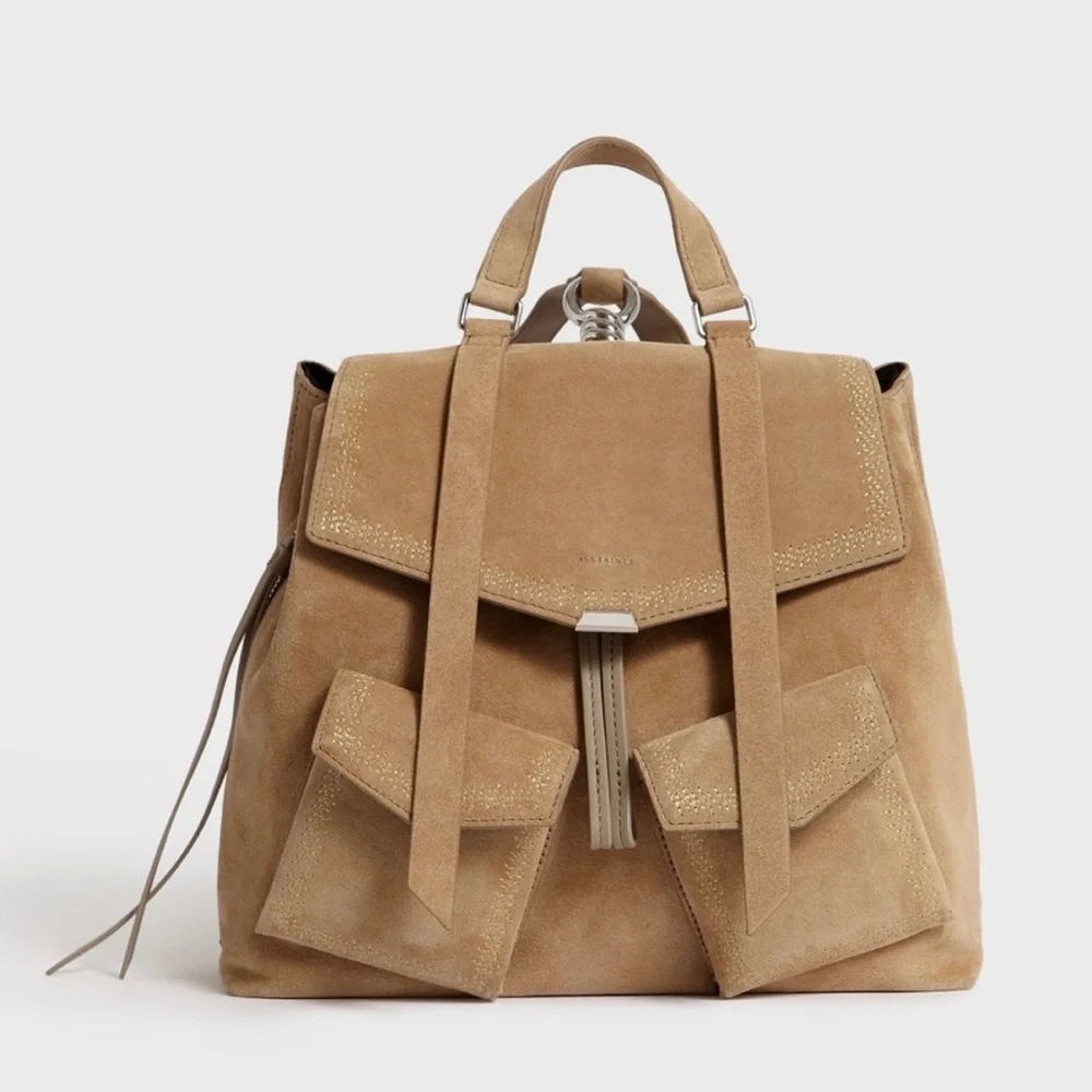 All Saints Ziggy Tan Suede Backpack Bag Purse Cappuccino